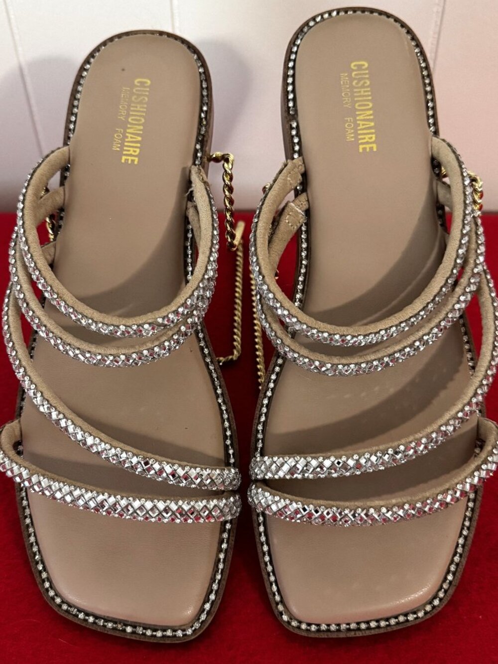 Cushionaire Verda Rhinestone Slide Sandals Nude Beige Size 9M Square Toe